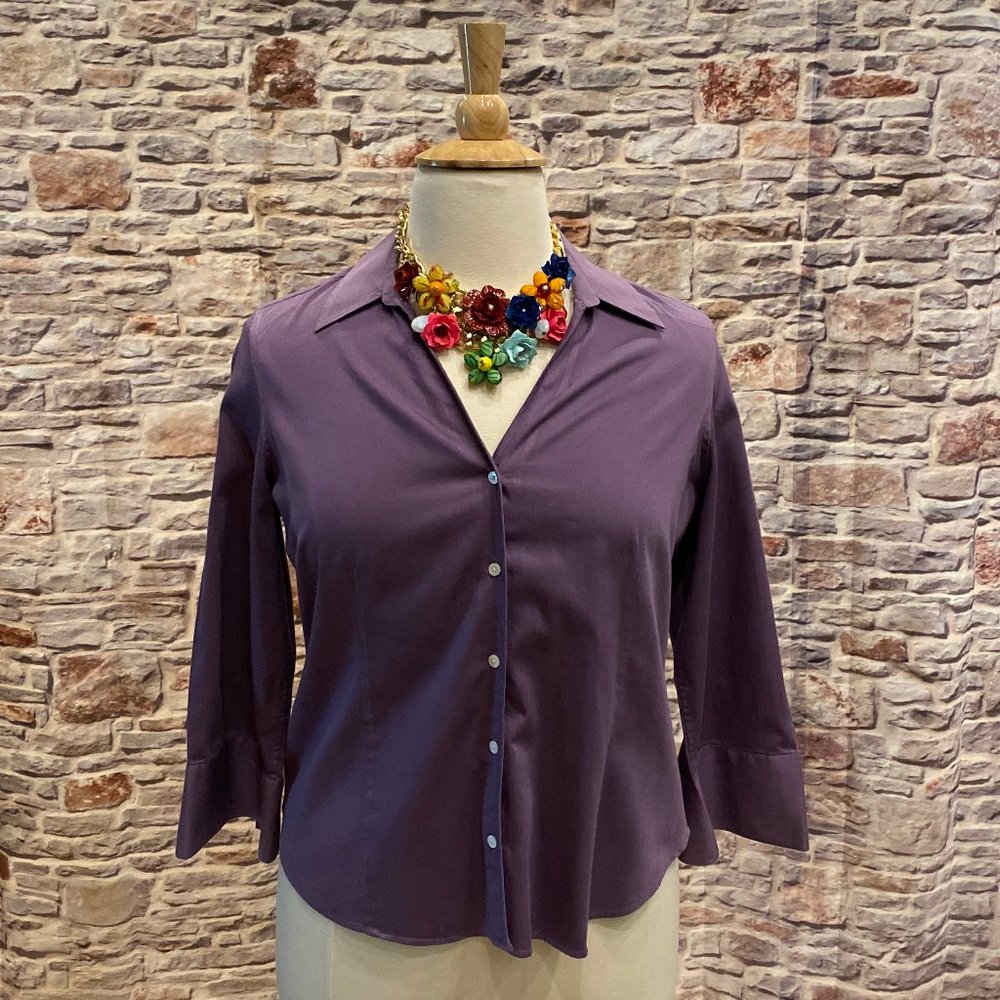 Talbots Collared Purple 3/4 Sleeve Cotton Blouse